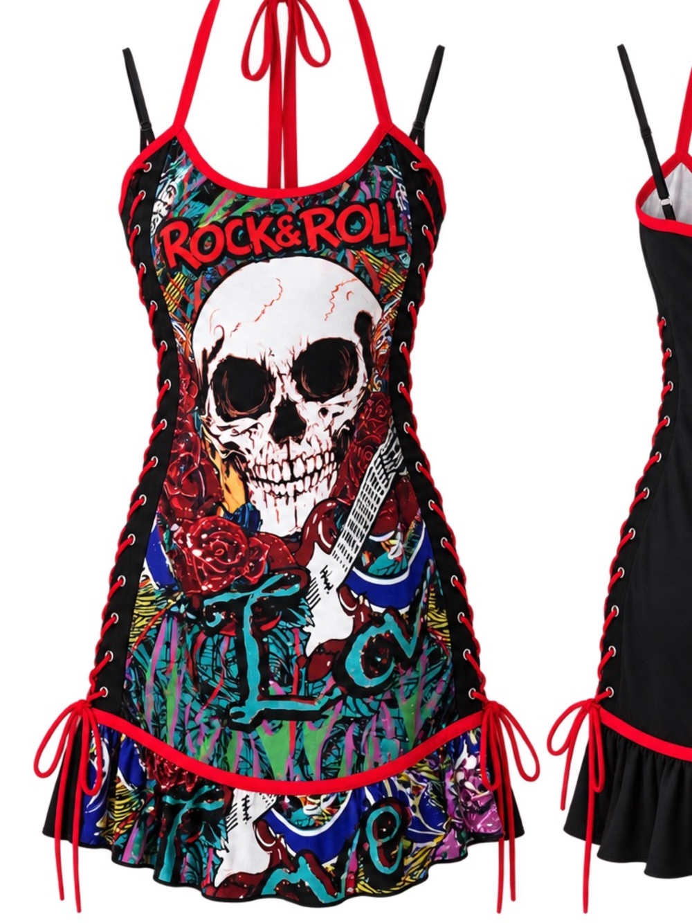 SHEIN Rock & Roll Skull Graphic Lace-Up Halter Mini Dress Size Small